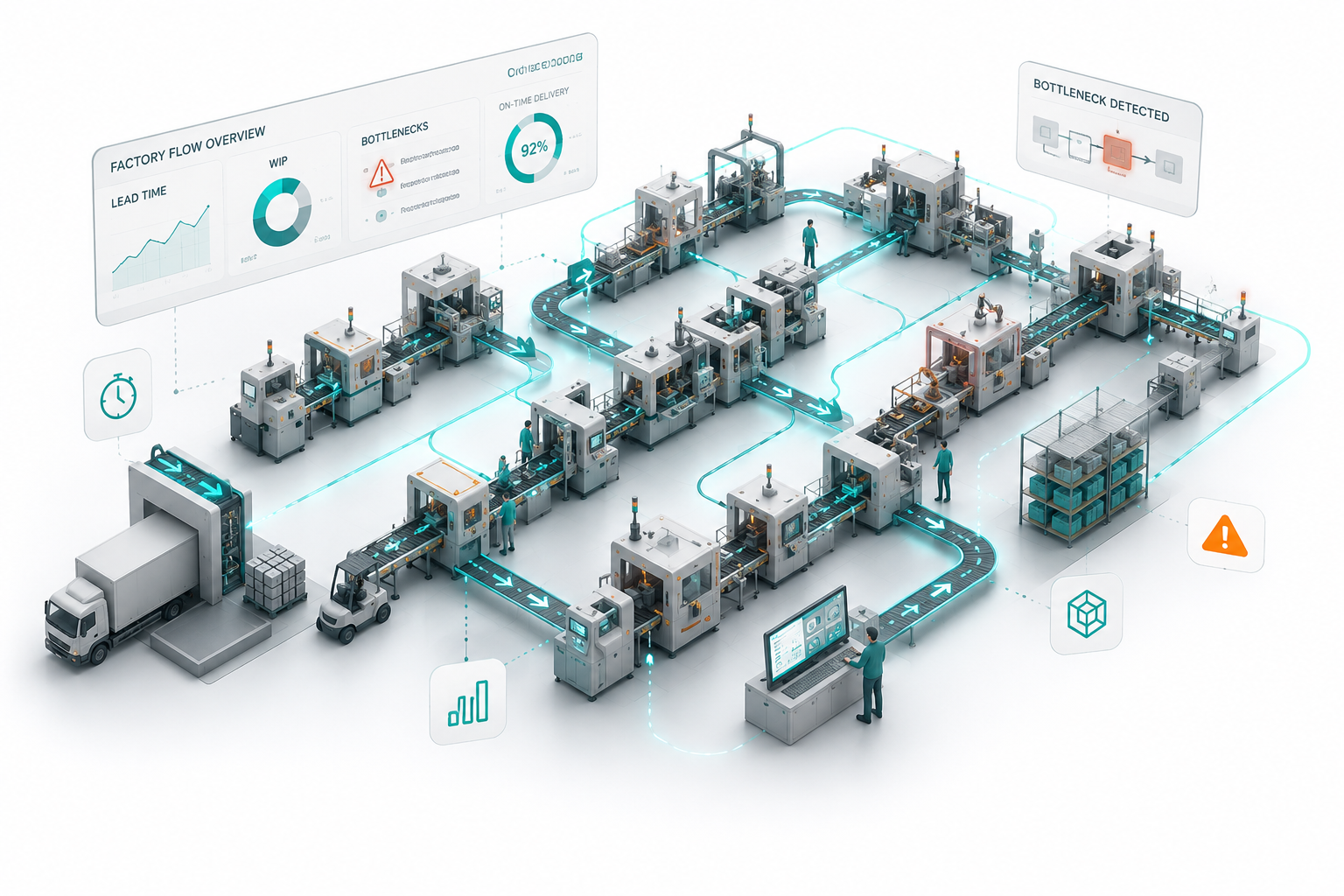 Factory flow overview: lead time, WIP, bottlenecks and on-time delivery projected across an automated production line.
