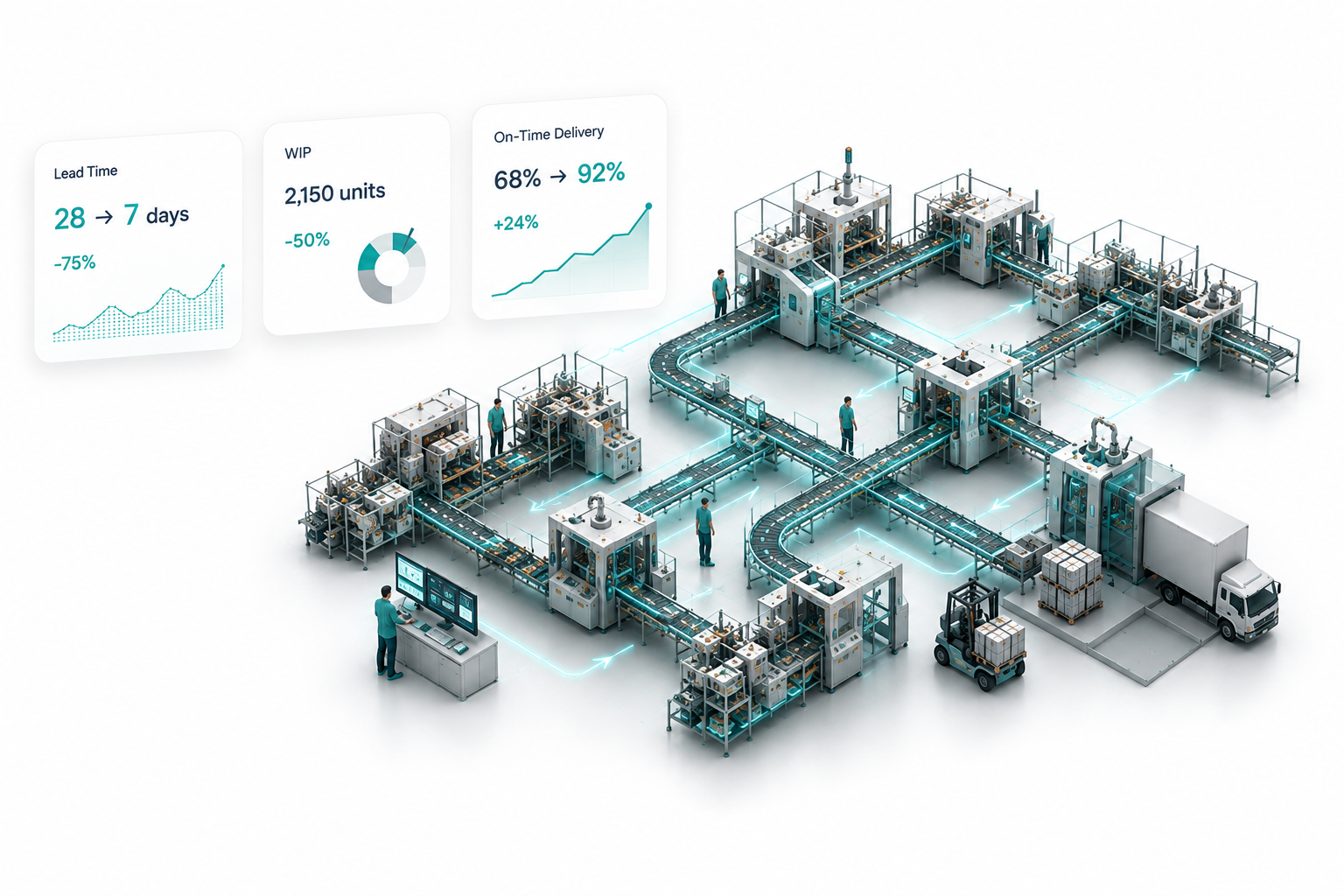 Factory flow illustration with lead time reduced from 28 to 7 days, WIP down 50 percent, and on-time delivery improved from 68 to 92 percent.